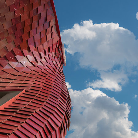 Detail of Futuristic Megastructure: Curve Red Building Facade at Exposition in Milan - Italyのeditorial素材