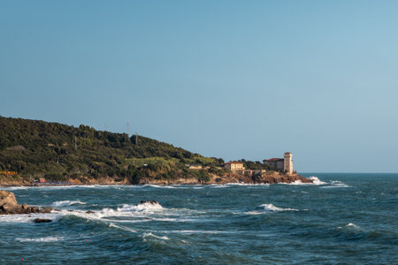 Boccale Castle, Seashore and Choppy Sea in Livorno, Italyのeditorial素材