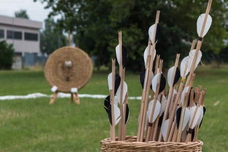 Group of Arrows inside Wicker Basket and Straw Archery Target in background on Meadowの写真素材