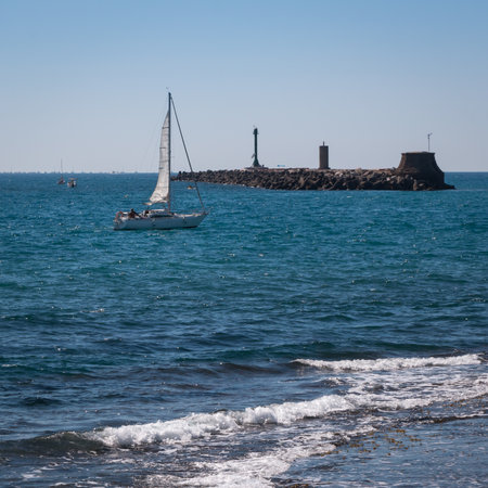 White Sail Ship near Seashore, Sailboatの写真素材