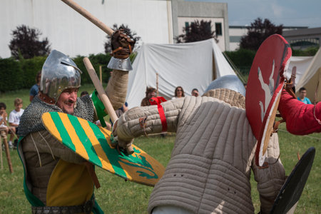 Knights in Battle with Silver Helmets and Armors: Medieval Event Reconstructionのeditorial素材