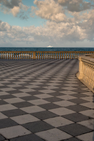 Livorno' s Mascagni Terrace and White Ferry-boat in Background, Tuscany - Italyの写真素材