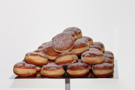Heap of Fried Bavarian Cream Filled Donuts on Trayの写真素材