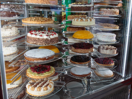 Assortment Cakes Display inside Restaurantの写真素材