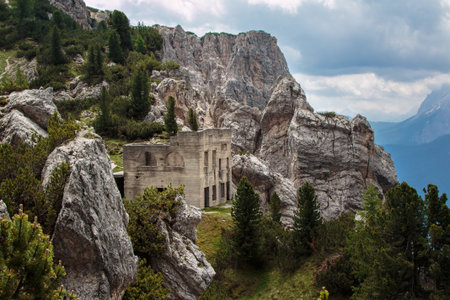 Abandoned Building Ruins in Italian Dolomites Alps Sceneryの写真素材