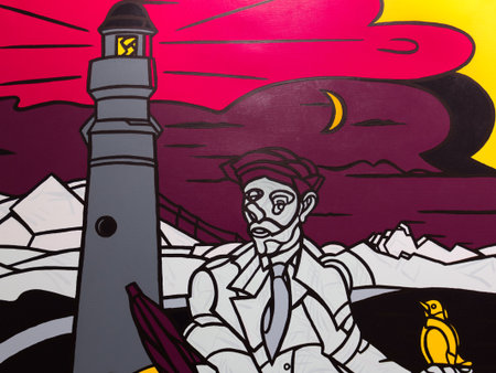 Painting Art: Lighthouse, Man with Hat, Yellow Bird and Moonの写真素材