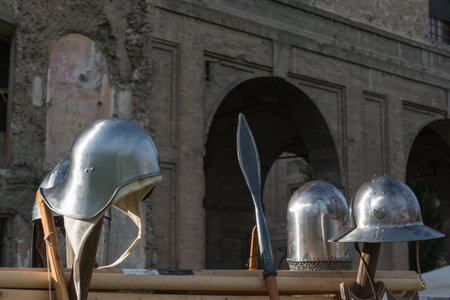 Medieval Iron Helmets and Pole Weapon In Parma, Italyの写真素材