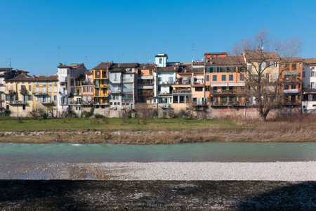 Colorful Facade along the River in Parma, Italyの写真素材
