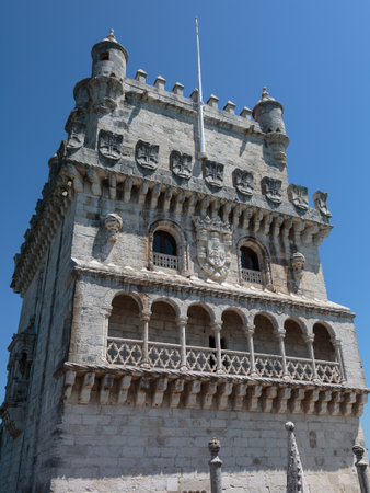 Detail of Belem Tower on the Tagus River in Lisbon, Portugal against Blue Skyのeditorial素材