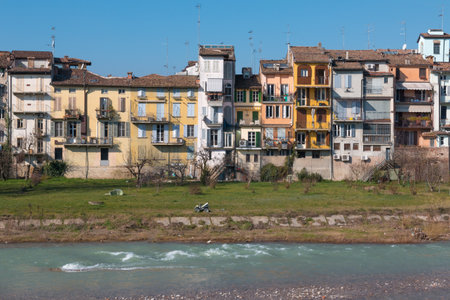 Colorful Facade along the River in Parma, Italy.の写真素材