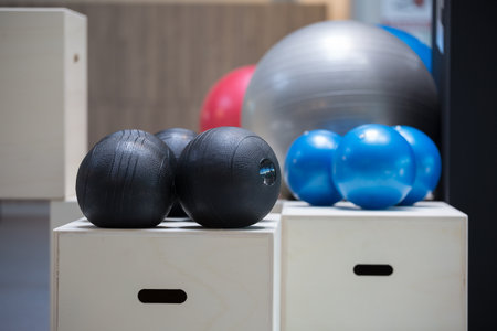 Colorful Fitness Medicine Balls inside Modern Gym.の写真素材