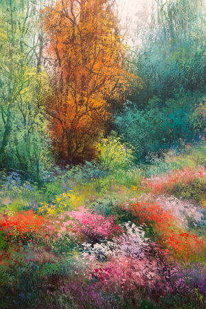 Oil Canvas Painting: Spring Meadow with Colorful Flowers and Trees.の写真素材
