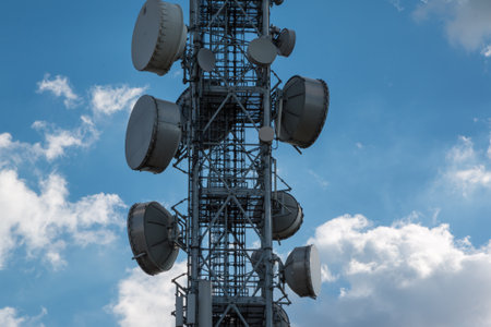 Telecommunication Towers with Satellite Dishes and Antennas.