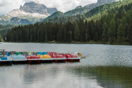 Colorful Pedal Boats in Misurina Lake in Summer Time: Italian Dolomites Alps Sceneryの写真素材
