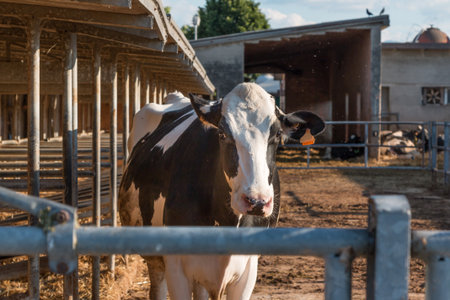Black and White Cow Standing in the Paddock in Farmの写真素材