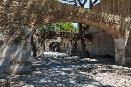Series of Arch Structures and Walls inside Castle of Sao Jorge in Lisbon Portugal.のeditorial素材