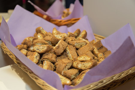 Typical Italian Biscuit with Almond: Crumbly Cantuccini from Tuscany.の写真素材