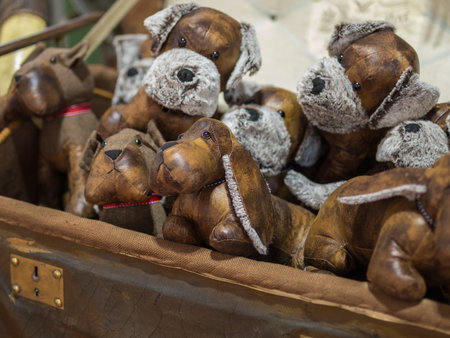 Antique Vintage Toy: Brown Leather Dogs inside a Suitcase.の写真素材