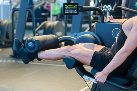 Professional Bodybuilder Doing Exercises at Gym: Leg Extensions Workout on Fitness Machine.の写真素材