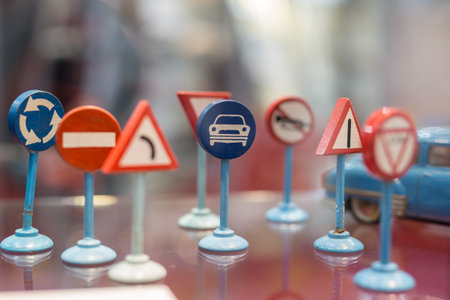 Group of Miniature Wooden Road Signs: Automobiles and Cars Theme.の写真素材