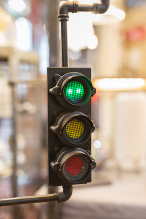 Vintage Traffic Lights with Red Light: Street Signal.