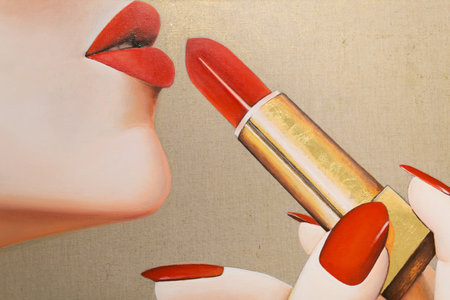 Painting on Canvas: Red Lipstick and Woman's Lips.の写真素材