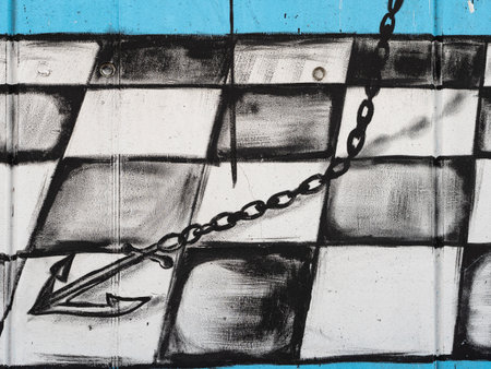 Painted on a City Wall Depicting an Anchor over a Black and White Checkerboard Floor.の写真素材
