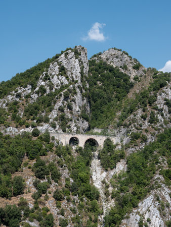 Bridge among Mountain in Carrara, site of the Old Private Marble Railway - Tuscany, Italy.の写真素材