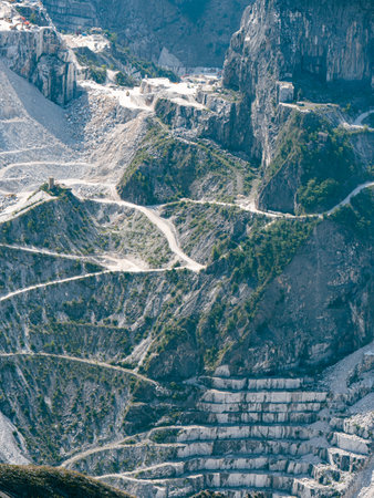 View of the Carrara Marble Quarries and the Transport Trails carved into the side of the Mountain.の写真素材