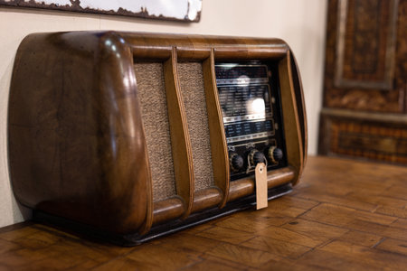 Model of an Ancient Vintage Wooden Radio on a Table.の写真素材