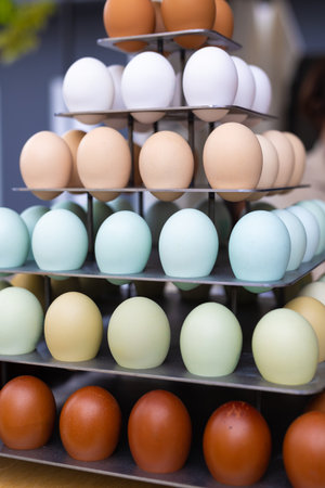 Eggs with Different colors of Shells placed on Top of a Display Stand.の写真素材