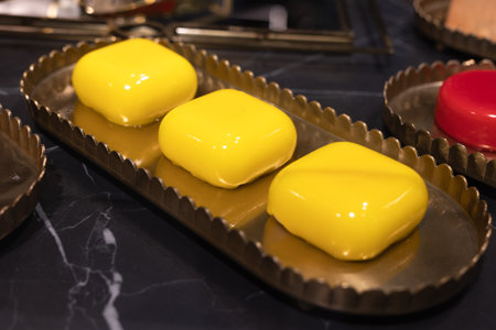 Three Square-shaped Cakes on a Tray Covered with Yellow Icing.