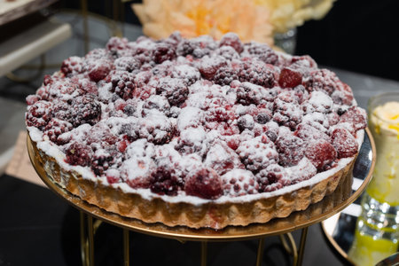 Cake with Various Red Fruits, Blackberries, Strawberries and Vanilla Sugar on Top.の写真素材