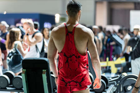 Boy in the Gym Ready to use Dumbbells in a Red Tank Top that highlights his Shoulders.の写真素材