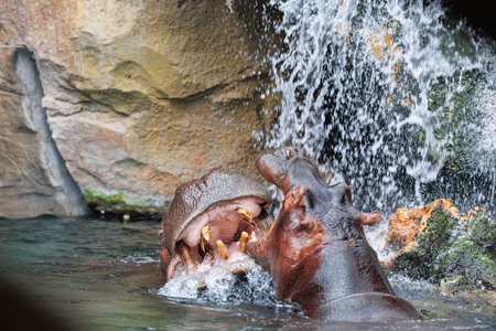 Two Hippos Playing with each Other immersed in Water opening their Immense Jaws.の写真素材