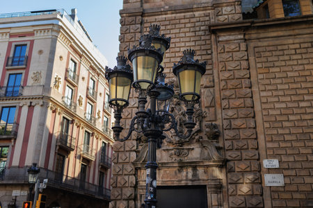 Iron Public Street Lamps of the Main Rambla of Barcelona, Spain.の写真素材