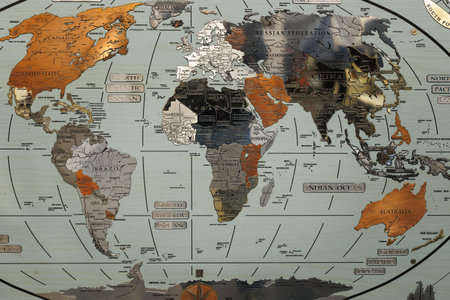 World Geographic Map Made of Metallic Material with the African Continent in the Foreground.の写真素材