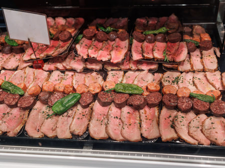 Slices of Cooked Meat, Slices of Sausages and Green Peppers displayed on a Retail Counter.の写真素材