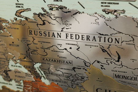 Geographic Map Made of Metallic Material with the Russian territories in the Foreground.の写真素材