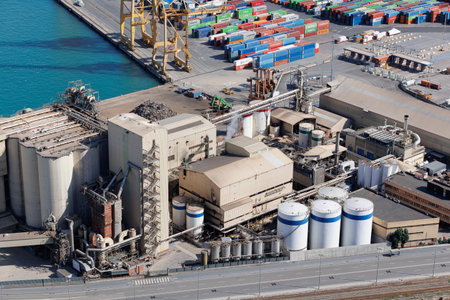 Top View of Industrial Zone near the Port, Tanks, Industrial Warehouses and Containers.
