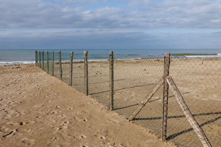 Deserted and Desolate Beach in Winter Time - Wooden Poles with Dividing Net.の写真素材
