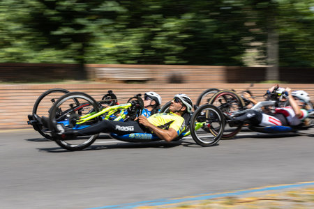 Group of Athletes with Their Special Bikes on a City Track in a Race.の写真素材
