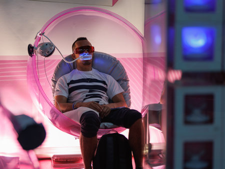 Boy with Dark Glasses sitting inside a Pink Circular Hemisphere for Medical Treatment to the teeth.