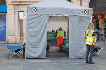 Outside White Temporary Rescue Control Center Tent with a Doctor.の写真素材