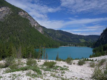 Scenic Braies Lake in Italian Alps Mountains, Italy.の写真素材
