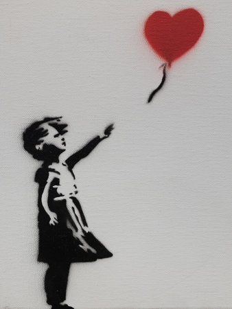 Girl with Balloon, Red Heart, stencil murals by Banksy.の写真素材