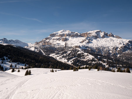 Panoramic view of the Dolomites Mountains with Snow, Italian Alps, Italy.