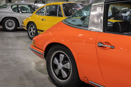 Group of Vintage Colorful Porsche 911 Collector Cars on Exhibition Produced in 1973.