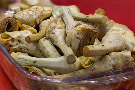 Detail View of Cooked Whole Artichokes in Oil.の写真素材
