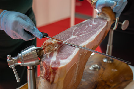 Thin Slice of Raw Ham Leg inside Cutting Holder Cut by Hand with a Sharp Knife.の写真素材